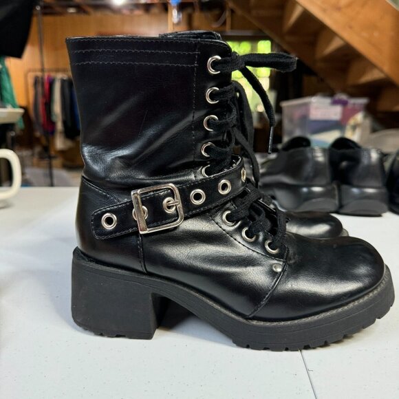 No Boundaries Boots Womens 7 Black Biker Chunky VTG Y2K 90s Moto Pleather Combat - Picture 3 of 11